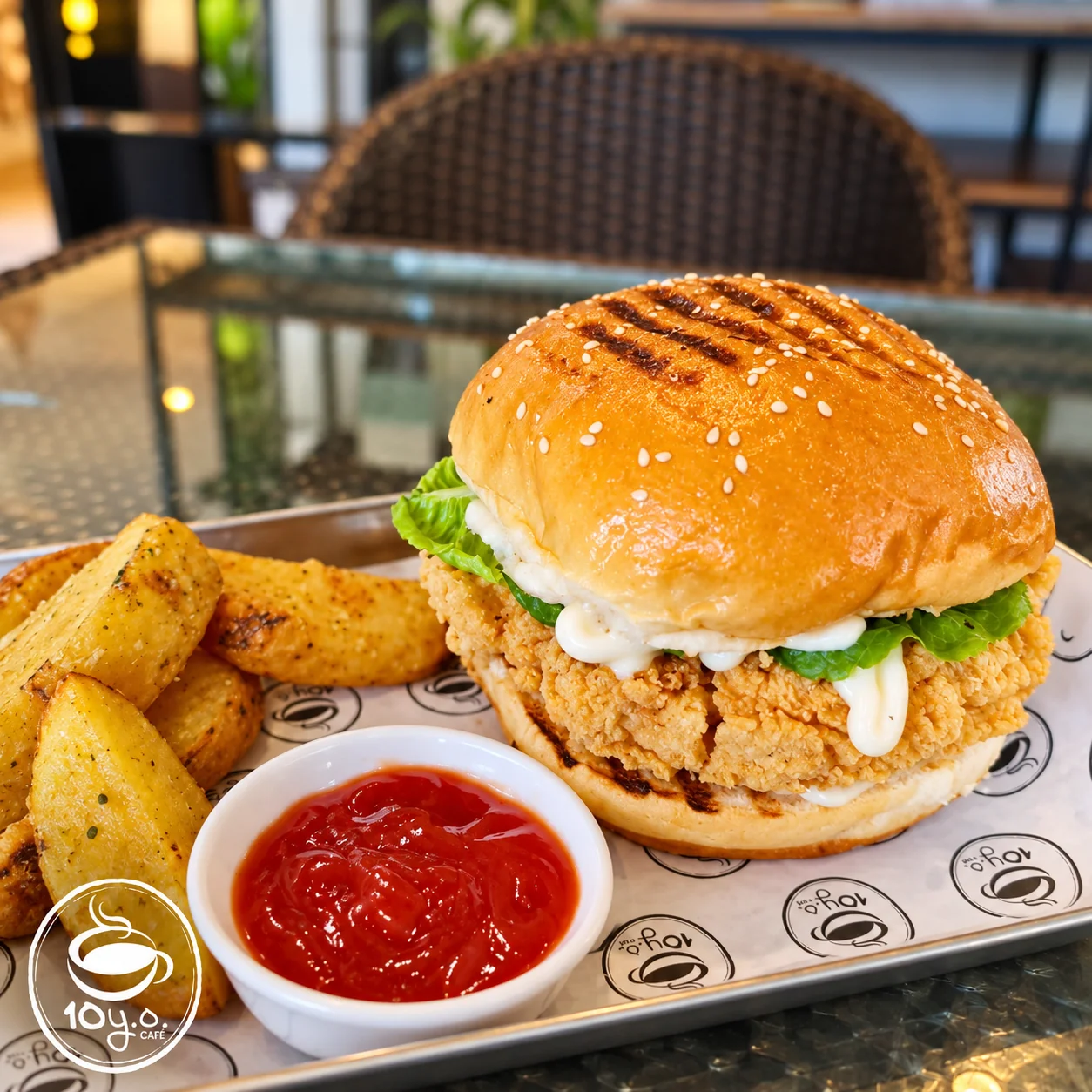 Crispy fried chicken burger with potato wedges