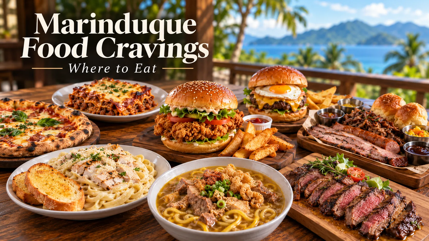 A spread of Marinduque food cravings — pizza, lasagna, a fried chicken burger, cheeseburger, chicken alfredo, garlic bread, lomi, smoked beef, and steak — on a table overlooking the sea