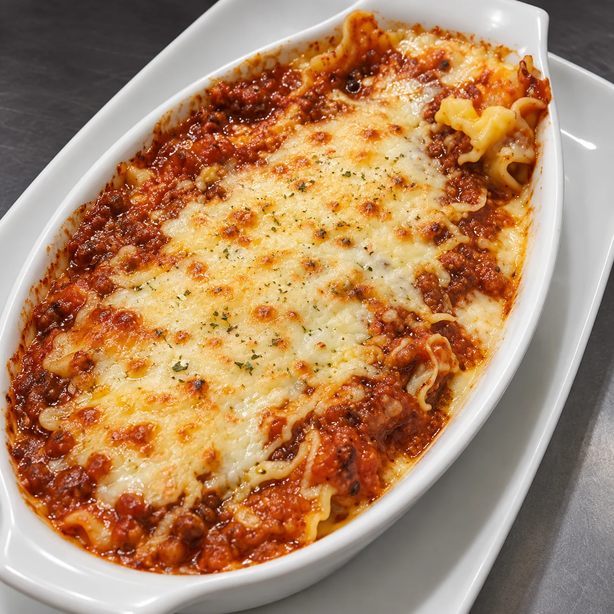 A serving of baked lasagna