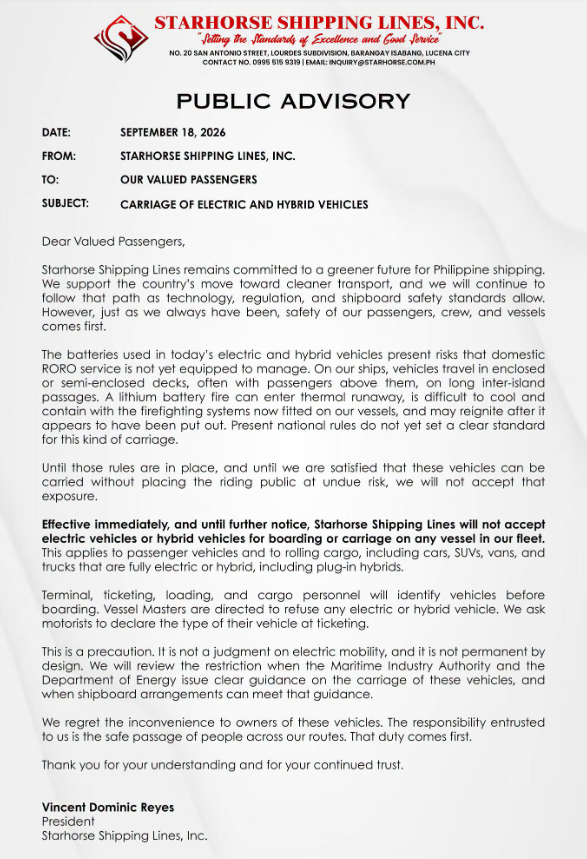 Public advisory from Starhorse Shipping Lines, Inc. banning the carriage of electric and hybrid vehicles, dated September 18, 2026