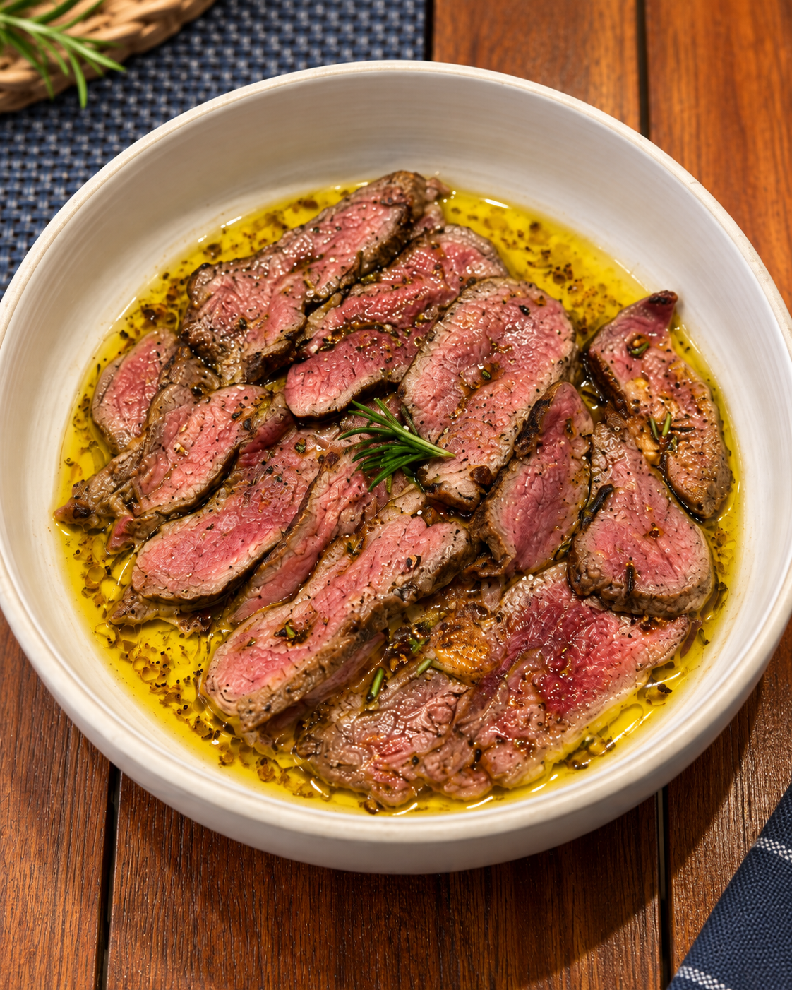Beef tagliata, sliced steak over arugula