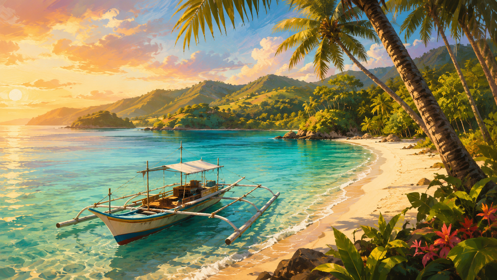 A tropical Marinduque cove at golden hour with a traditional outrigger banca boat — the heart of the Philippines